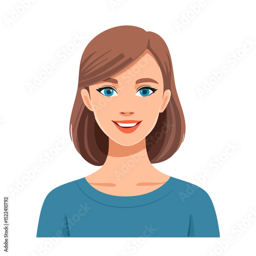 Flat Vector. Portrait of only one Woman. Simple Background.