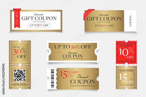 Gold Sale Coupon Isolated set. Premium Vector Discount Price Tag. Gift Png Design. Business Offer Voucher. Concept Label Template Digital Marketing Mockup Layout. Elegant Golden Promotion Ticket