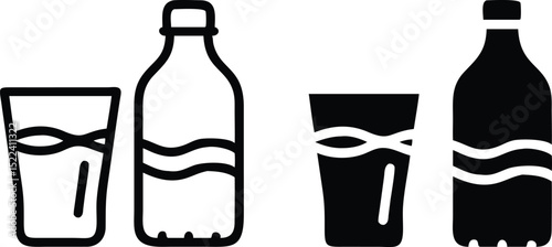 Minimalist Glass of Water and Plastic Bottle Line Art Vector Illustration