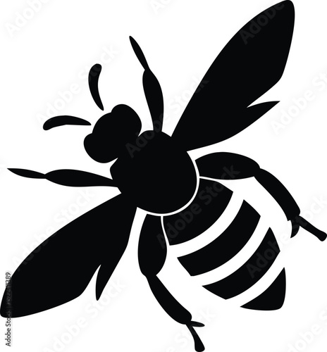 Black Silhouette of a Bee with Stripes, Wings, and Antennae on White Background