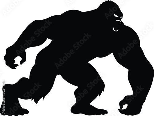 Black Silhouette of a Bigfoot Walking Cryptid Illustration, Mythological Creature Art