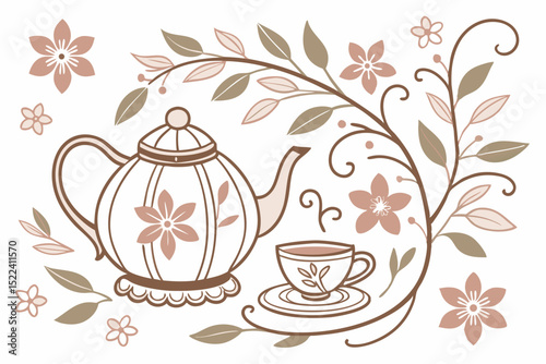 Elegant tea time illustration featuring floral design with teapot cup and saucer leaves and flowers ideal for design projects