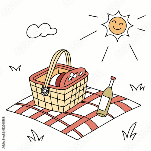 Hand drawn picnic illustration with basket blanket wine bottle sun and cloud for summer outdoor activities