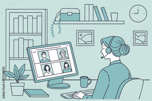 Illustration of a professional working from home attending a video conference call in modern flat vector style