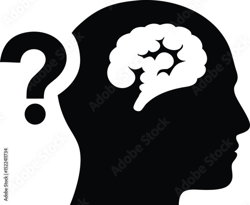 Black Silhouette of a Head in Profile with Brain and Question Mark Imagery