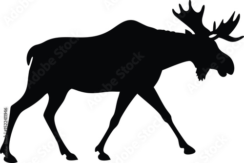 Black Silhouette of a Walking Moose with Large Antlers Against White Background