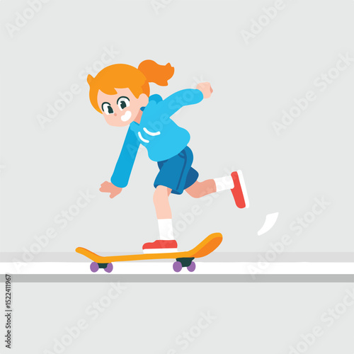Young Girl Skateboarding With Enthusiasm On A Sidewalk