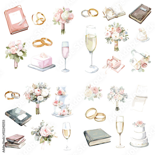 Watercolor wedding icons including rings, books, flowers, champagne, and cakes. Great for invitations, planners, or elegant romantic-themed design assets.

