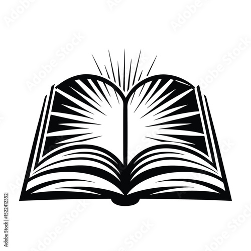 Open Book Silhouette with Radiating Light Lines Black and White Minimalist Design