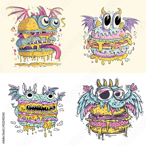 Colorful cartoon burger monsters with creepy faces, wings, and dripping cheese. Ideal for fantasy food designs, edgy branding, or quirky merchandise.

