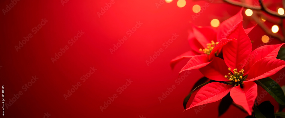 Obraz premium Festive poinsettia flower on red background with bokeh lights. Christmas and New Year floral holiday decor.