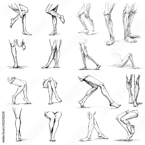 Collection of human leg sketches in dynamic standing, walking, and seated poses. Ideal for figure drawing, anatomy references, and character design.

