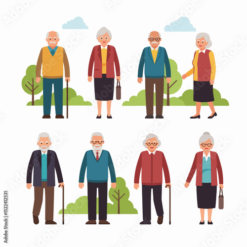 Elderly people walking in park flat style