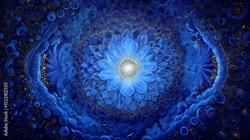 exhibition material for art and spirit | sacred dreamtime | interdimensional love | pulsing ultramarine | gateway symmetry | light-emanating faces | energy field detailing | digital underpainting | photo