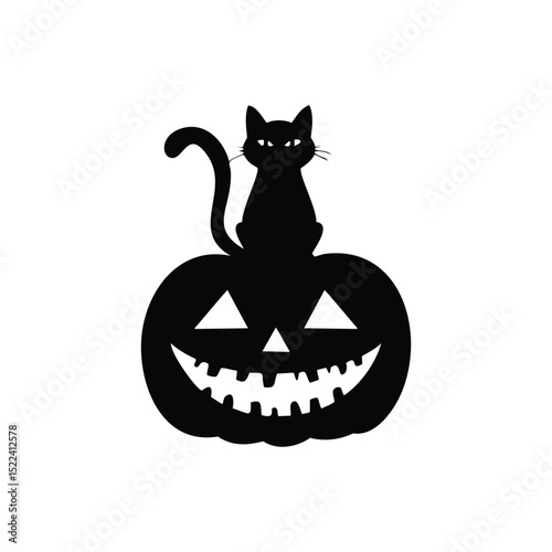 Black cat sitting on halloween jack o lantern pumpkin