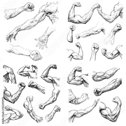 Detailed sketch collection of human arms in various poses, showing muscular structure and dynamic gestures. Ideal for anatomy references and figure drawing practice.

