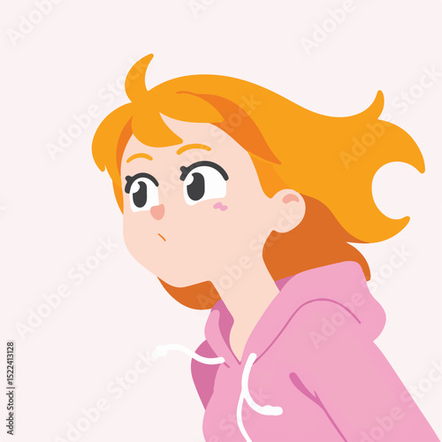 Pensive Girl with Orange Hair in Pink Hoodie