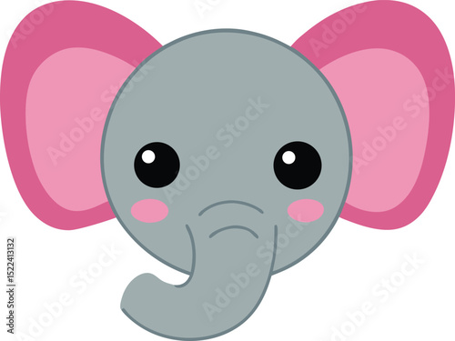 Adorable Cartoon Elephant Head Pink Ears, Big Eyes, Cute Illustration