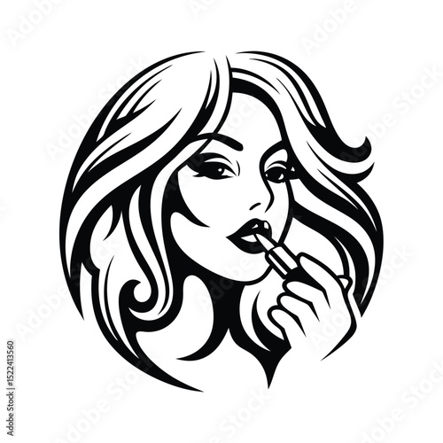 Abstract Woman with Lipstick Minimalist Black and White Portrait with Flowing Hair