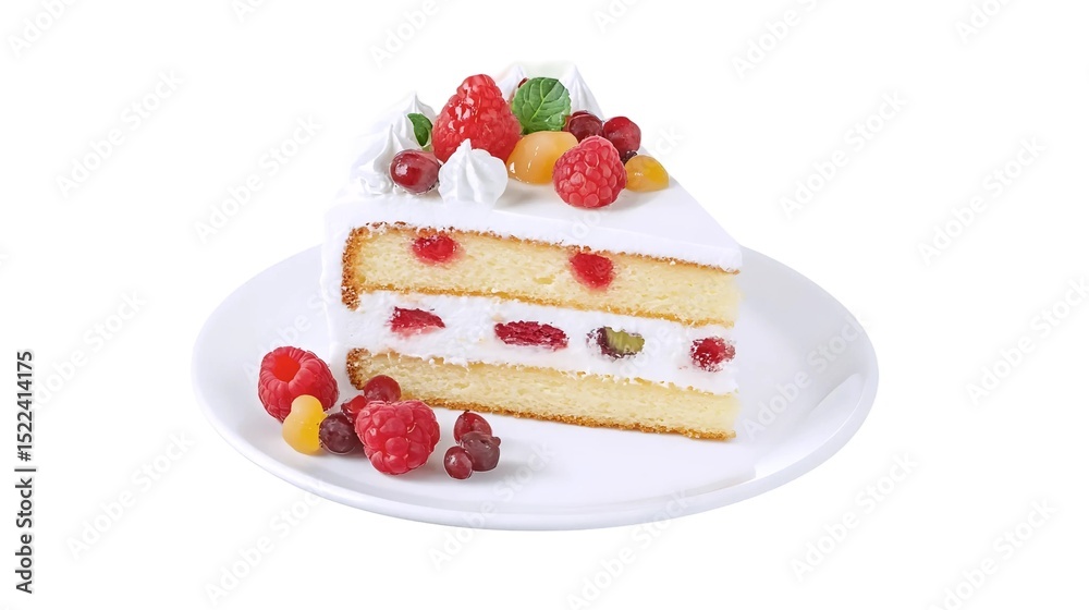 Delicious raspberry and fruit cake slice on plate Delicious raspberry and fruit cake slice on plate