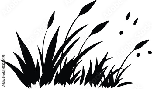 Black Silhouette of Cattails and Grass on a White Background Illustration