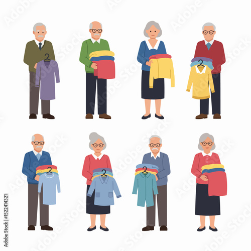 Elderly people holding folded clothes, dry cleaning