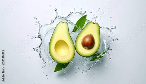 Avocado slice with water splash at photo studio