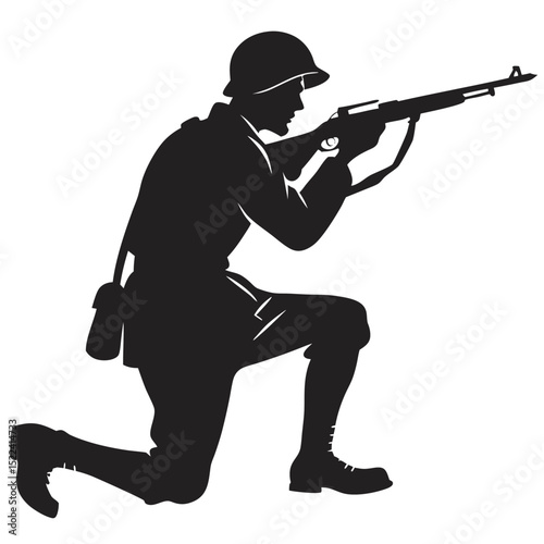Silhouette of Soldier Kneeling and Aiming Rifle on White Background, Military Icon