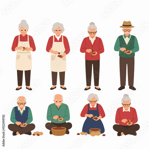 Senior people peeling food together characters