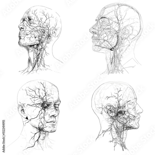 Detailed anatomical illustration of human head with visible blood vessels and facial structure. Ideal for educational, medical, and scientific purposes.

