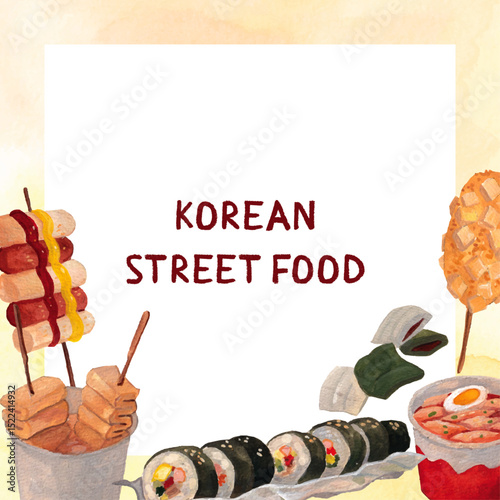 Korean street food background with soft gradient glow. Rice cake, corn sausage, kimbap, fishcakes, skewers watercolor illustration. Asian cuisine and culture them. Vector illustration for decoration. 