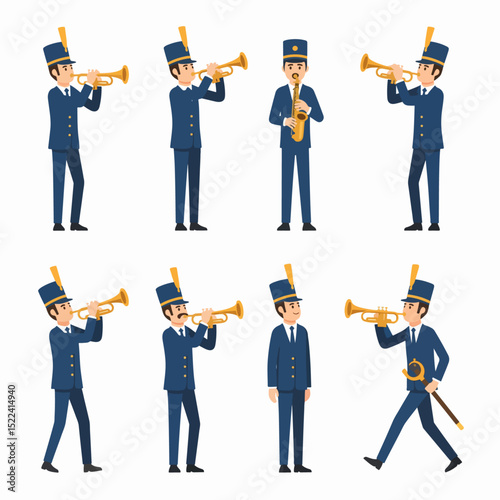 Marching band musicians playing musical instruments