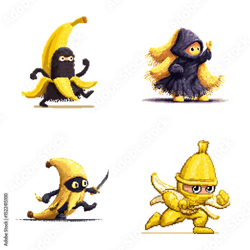 Funny banana ninja characters in dynamic poses, mixing fruit with ninja themes for comical and energetic design elements in games or stickers.

