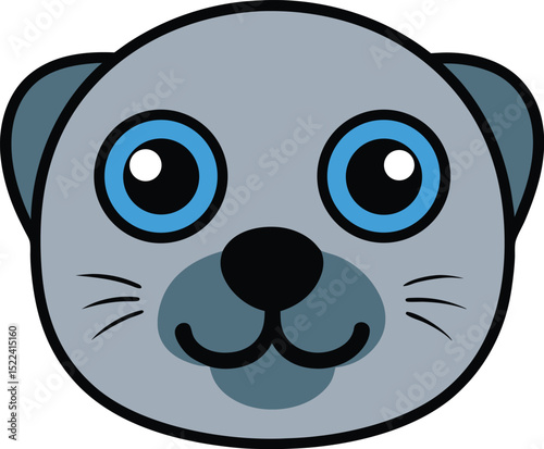 Adorable Cartoon Seal Face Blue Eyes, Gray Fur, Cute Animal Illustration