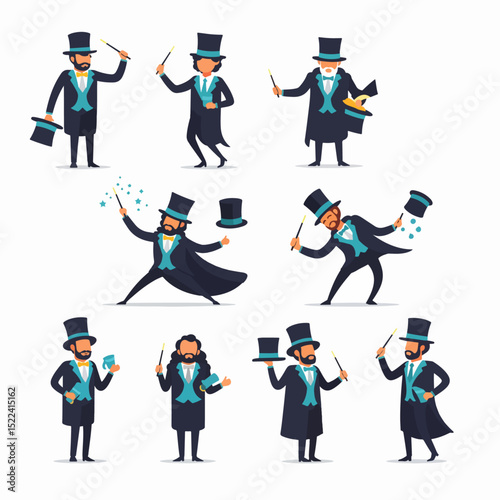 Magician characters performing various magic tricks