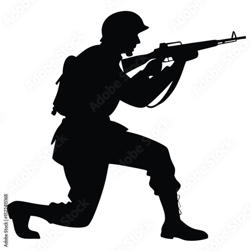 Silhouette of Soldier Aiming Rifle. Kneeling Armed Forces in Helmet and Boots. Isolated