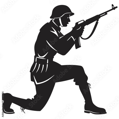 Silhouette of Armed Soldier Kneeling with Rifle, FullLength in Black and White Design