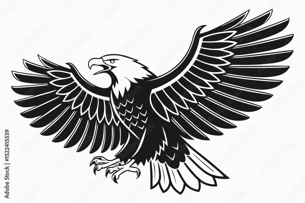 Fototapeta premium Monochrome Eagle Illustration; American Bald Eagle with Open Wings and Sharp Talons