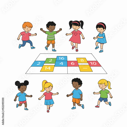 Kids playing hopscotch childhood activity game
