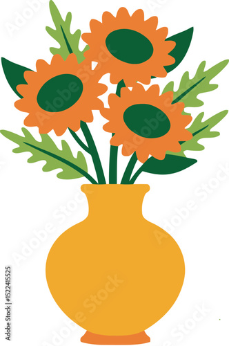 Simple flower vase with flowers and leaves. 