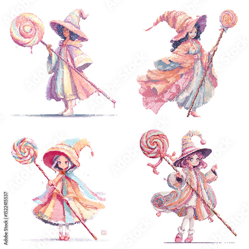 Charming candy witches holding giant lollipops, dressed in flowing pastel robes. Perfect for fantasy, magical girl themes, and cute storytelling visuals.


