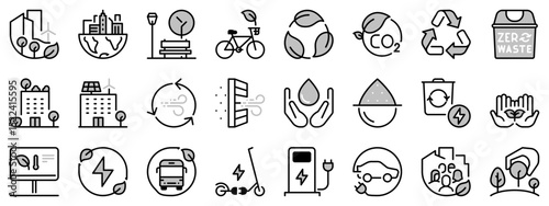 Icons in two tones about green city. Sustainable development.