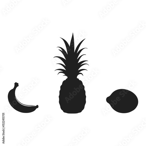 Black silhouette collection of tropical fruits pineapple banana and lemon on white background