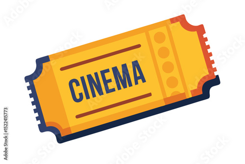 Bright Yellow Cinema Ticket with Dark Blue Cinema Text Isolated on a White Background