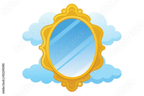 Cartoon Illustration of Golden Ornate Mirror Reflecting Sky, Surrounded by Clouds on White
