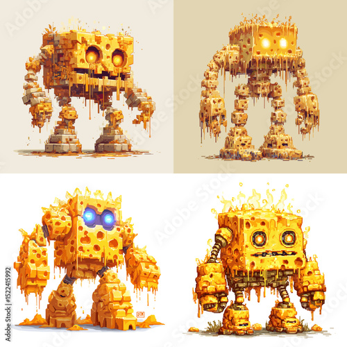 Melting cheese monsters with glowing eyes and robotic features, designed in a fun, cartoonish style. Perfect for food-themed games or quirky monster designs.

