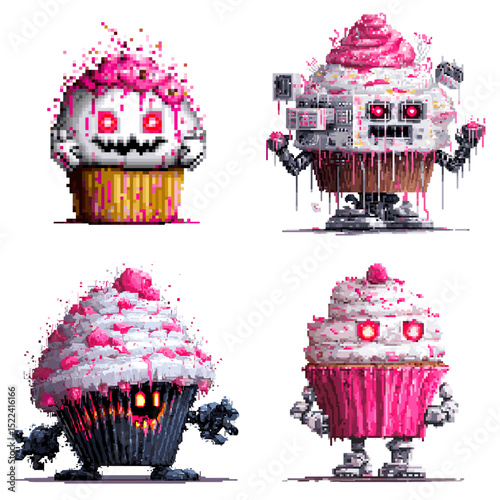 Spooky cupcake robots with glowing red eyes and melting frosting. A mix of horror and dessert vibes, perfect for Halloween or quirky fantasy illustrations.

