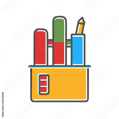 Stationery holder with colorful pens and pencils in flat design  