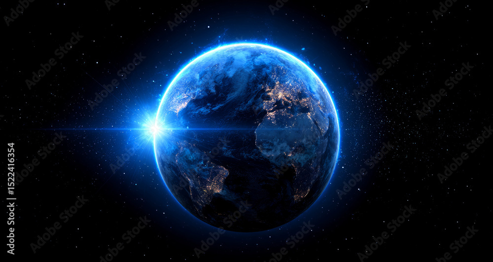 Obraz premium Blue Earth glows radiantly, celestial gem in dark space, inspiring awe