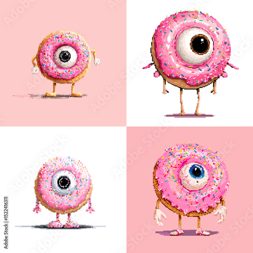 Pink frosted donut creatures with one big eye and cute limbs. A surreal and funny monster character set for playful, candy-themed or quirky content.


